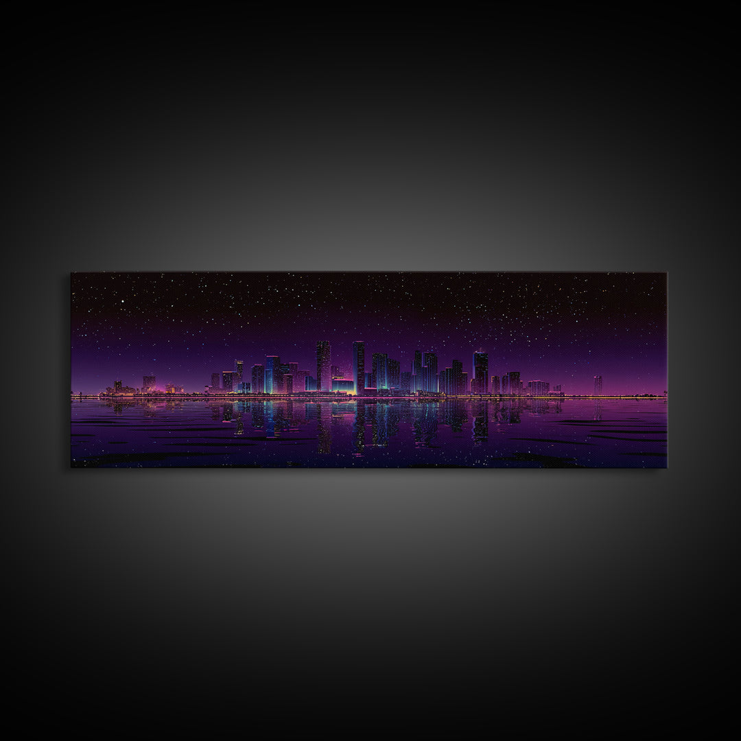 Starry Purple City Skyline Canvas Print, Panoramic Urban Night Wall Art, Modern Office Decor, Large Cityscape Poster Print