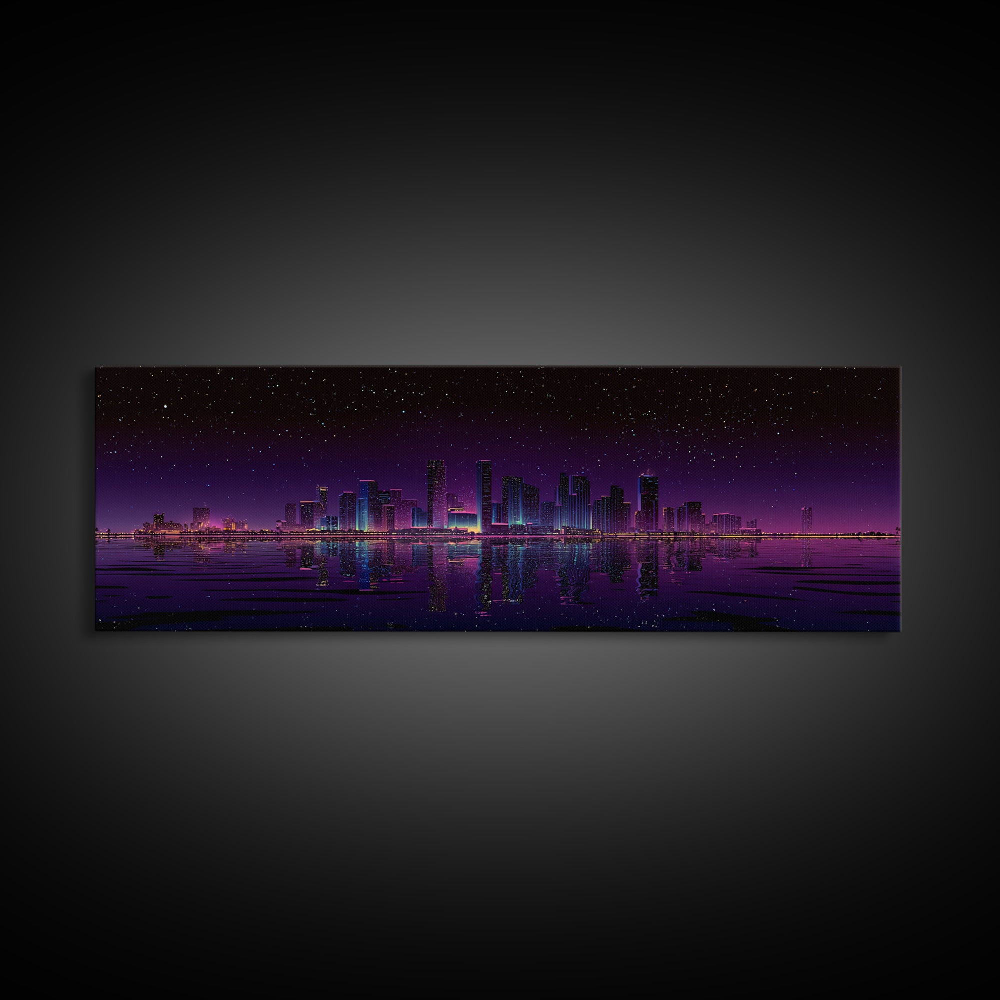 Starry Purple City Skyline Canvas Print, Panoramic Urban Night Wall Art, Modern Office Decor, Large Cityscape Poster Print