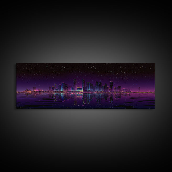 Starry Purple City Skyline Canvas Print, Panoramic Urban Night Wall Art, Modern Office Decor, Large Cityscape Poster Print