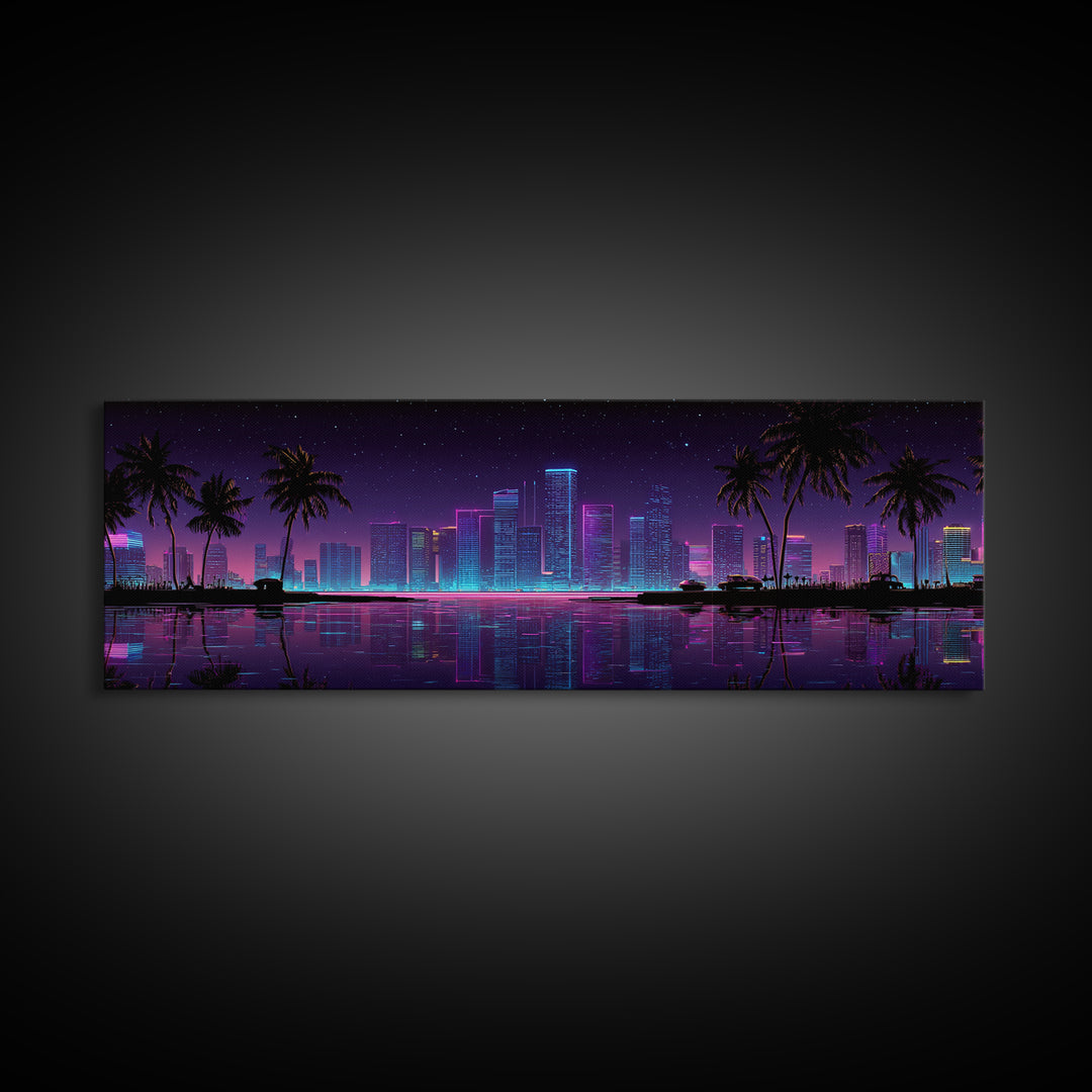 Neon Tropical City Skyline Canvas Print, Cyberpunk Wall Art With Palm Trees, Vaporwave Decor For Gaming Room And Apartment Decor