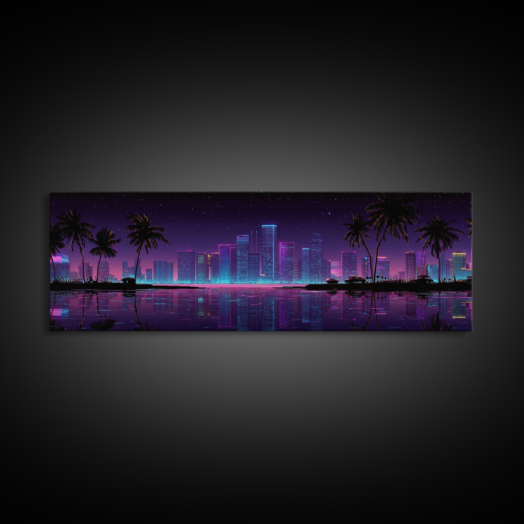 Neon Tropical City Skyline Canvas Print, Cyberpunk Wall Art With Palm Trees, Vaporwave Decor For Gaming Room And Apartment Decor