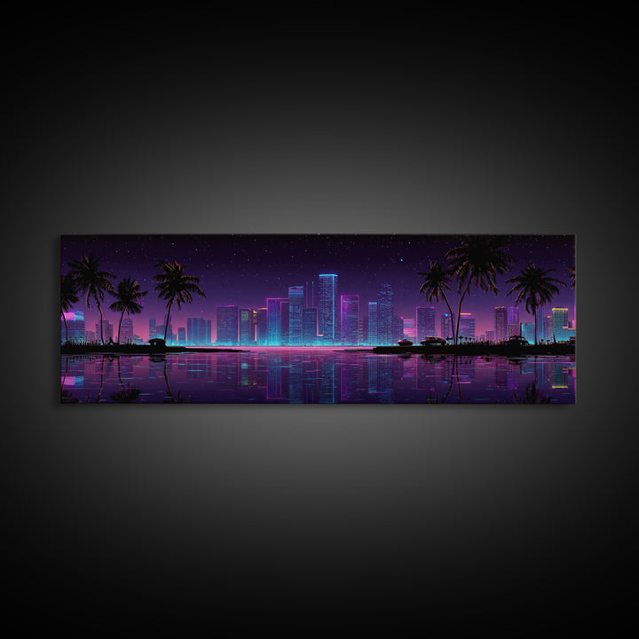 Neon Tropical City Skyline Canvas Print, Cyberpunk Wall Art With Palm Trees, Vaporwave Decor For Gaming Room And Apartment Decor