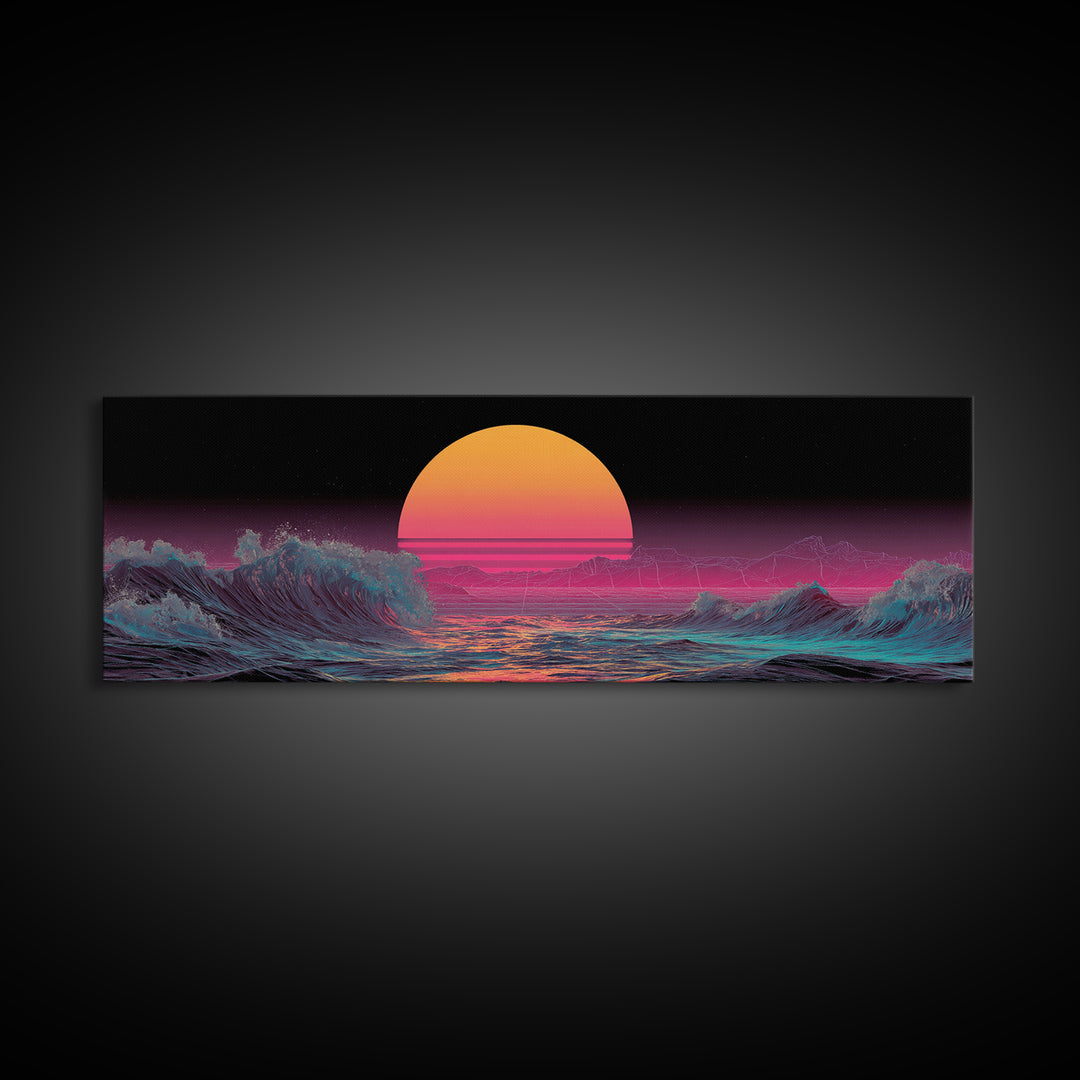 Retro Synthwave Ocean Sunset Wall Art, Neon Seascape Print, Vaporwave Coastal Decor, Futuristic Waves, Modern Gaming Room Art