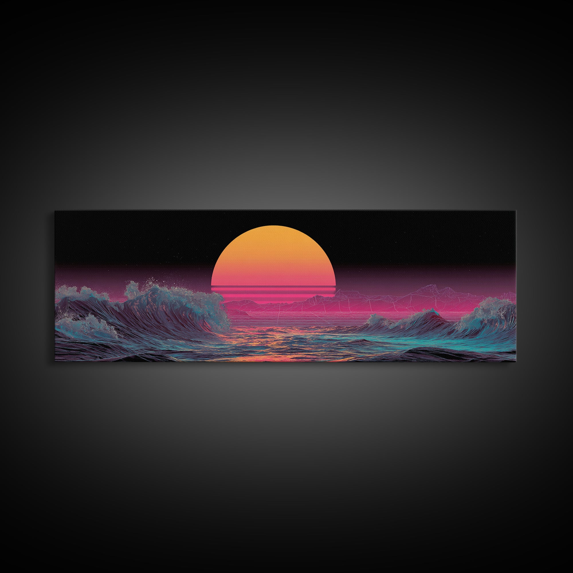 Retro Synthwave Ocean Sunset Wall Art, Neon Seascape Print, Vaporwave Coastal Decor, Futuristic Waves, Modern Gaming Room Art