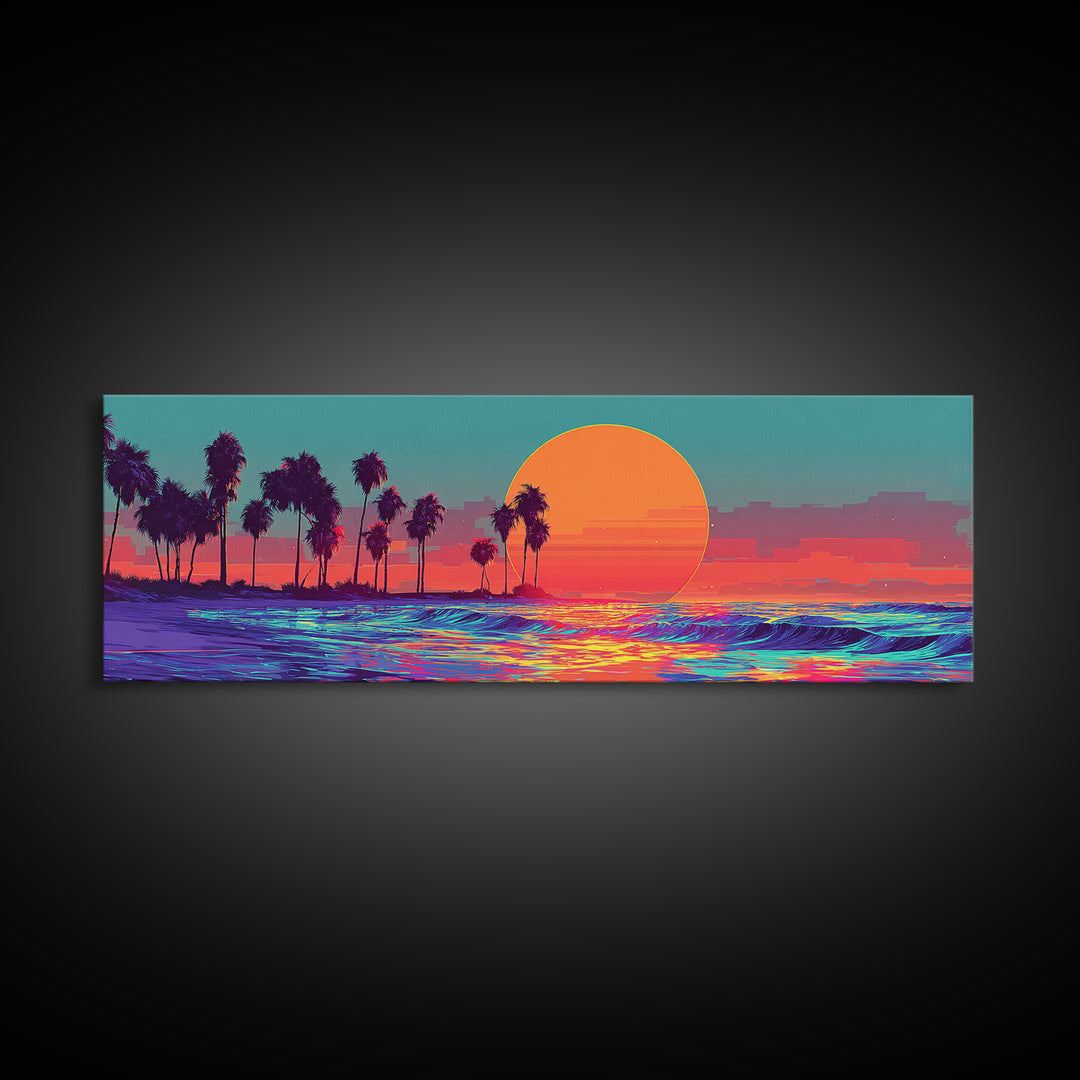 Neon Tropical Sunset Ocean Palms Canvas Print, Retro Vaporwave Wall Art, Coastal Decor, Beach House, Living Room Decor, Art Print