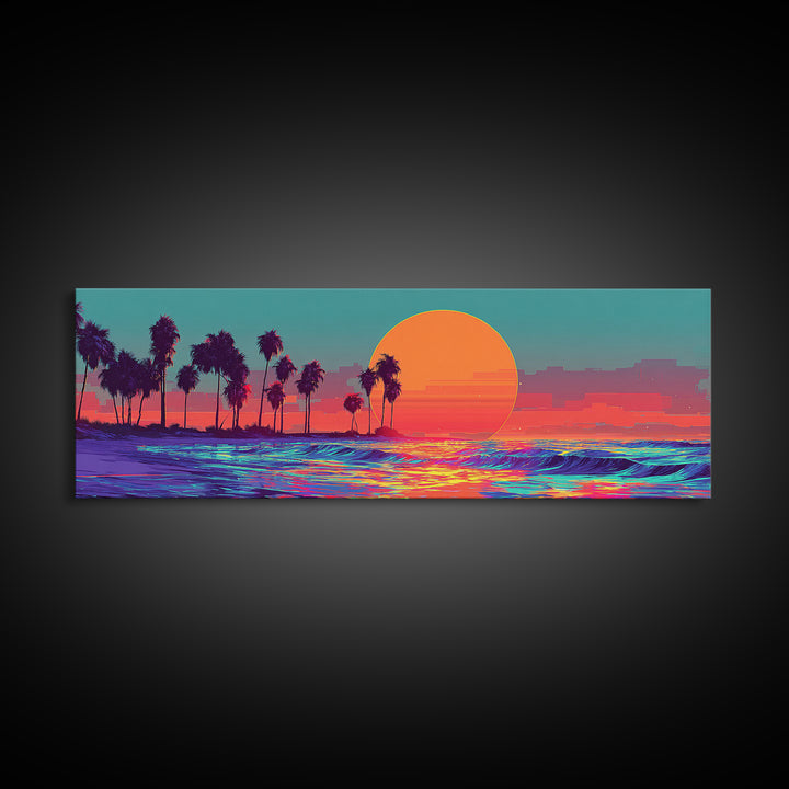 Neon Tropical Sunset Ocean Palms Canvas Print, Retro Vaporwave Wall Art, Coastal Decor, Beach House, Living Room Decor, Art Print