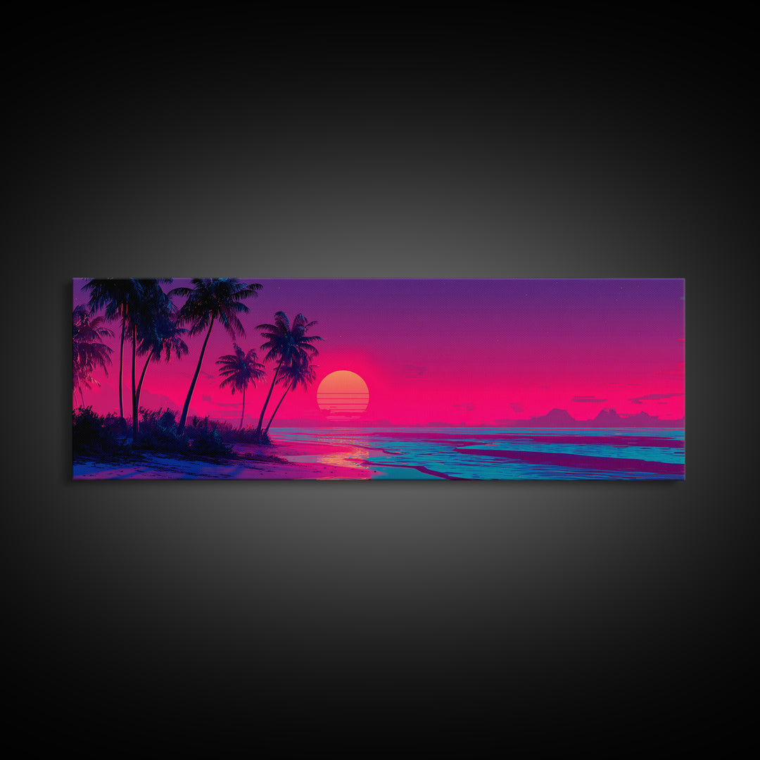 Tropical Palm Beach Sunset Wall Art, Neon Coastal Canvas Print, Pink Ocean Decor, Retro Island Housewarming Gift For Her