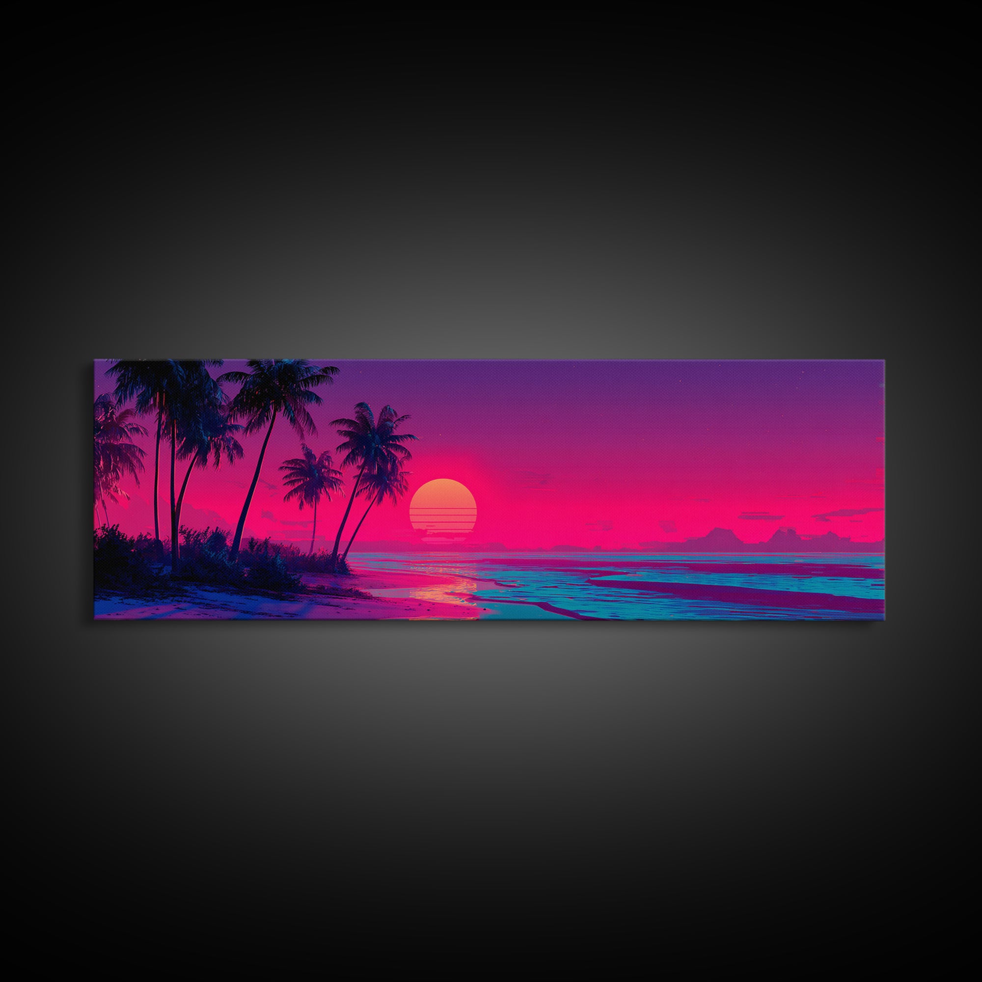 Tropical Palm Beach Sunset Wall Art, Neon Coastal Canvas Print, Pink Ocean Decor, Retro Island Housewarming Gift For Her