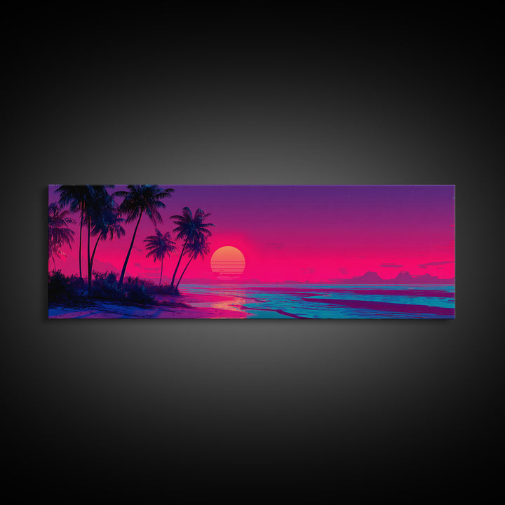 Tropical Palm Beach Sunset Wall Art, Neon Coastal Canvas Print, Pink Ocean Decor, Retro Island Housewarming Gift For Her