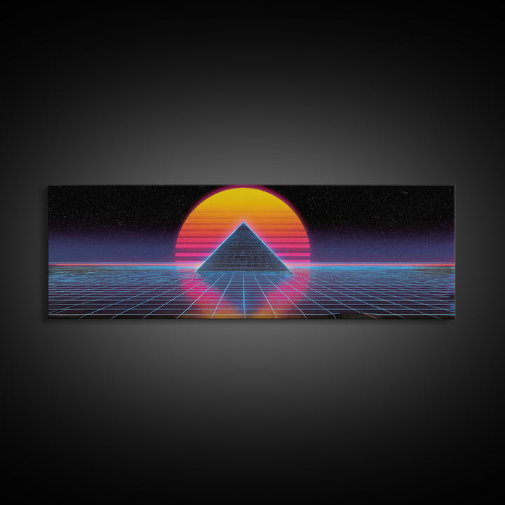 Neon Pyramid Grid Wall Art, Retro Futuristic Space Canvas Print, Synthwave Gaming Room Decor, Vaporwave Statement Art Gift
