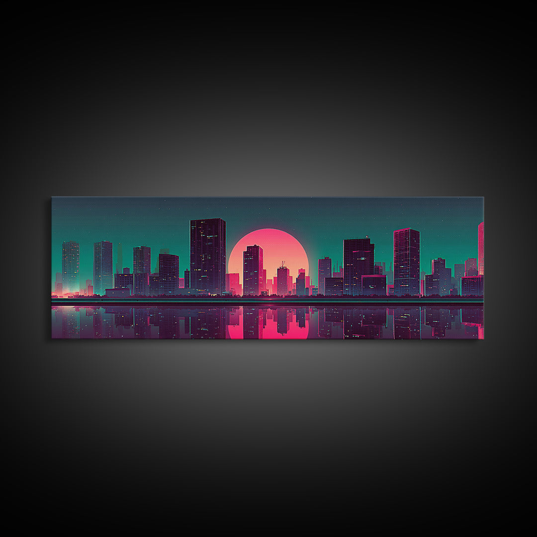 Neon City Skyline Reflection Canvas Print, Retro Futuristic Wall Art, Cyberpunk Office Decor, Modern Apartment Decor, Gift For Him