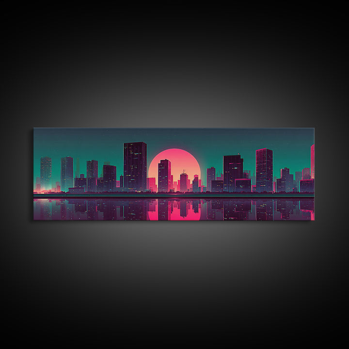 Neon City Skyline Reflection Canvas Print, Retro Futuristic Wall Art, Cyberpunk Office Decor, Modern Apartment Decor, Gift For Him
