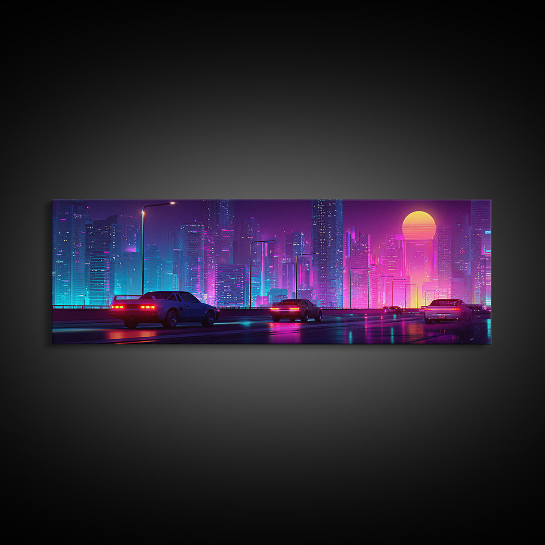 Cyberpunk Neon City Highway Canvas Print, Futuristic Car Wall Art, Synthwave Gaming Room Decor For Office And Man Cave Wall Decor
