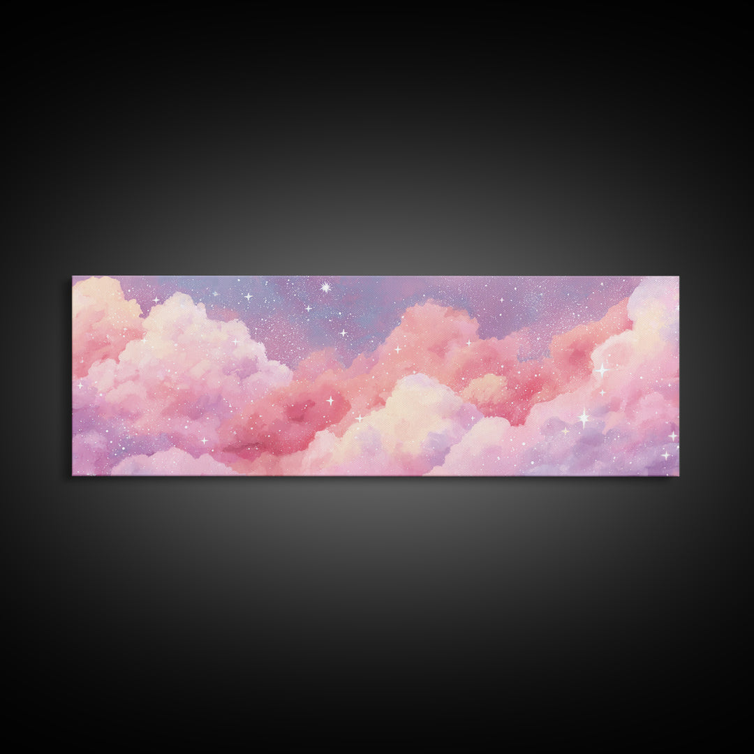 Pink Cotton Candy Clouds Wall Art, Dreamy Celestial Sky Print, Starry Nursery Decor, Pastel Bedroom Canvas Art Gift For Her