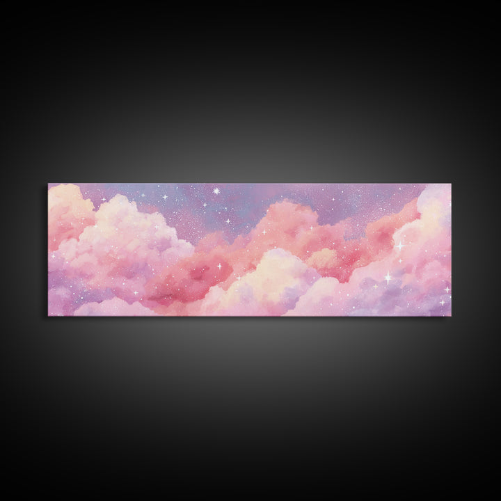 Pink Cotton Candy Clouds Wall Art, Dreamy Celestial Sky Print, Starry Nursery Decor, Pastel Bedroom Canvas Art Gift For Her