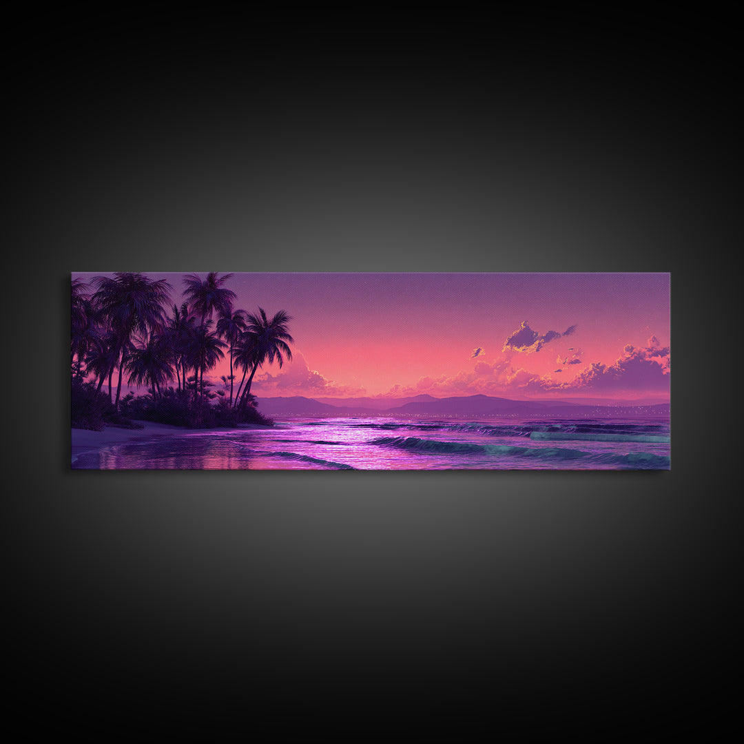 Tropical Purple Beach Sunset Wall Art, Palm Tree Ocean Landscape Canvas Print, Coastal Decor, Romantic Bedroom And Living Room Art