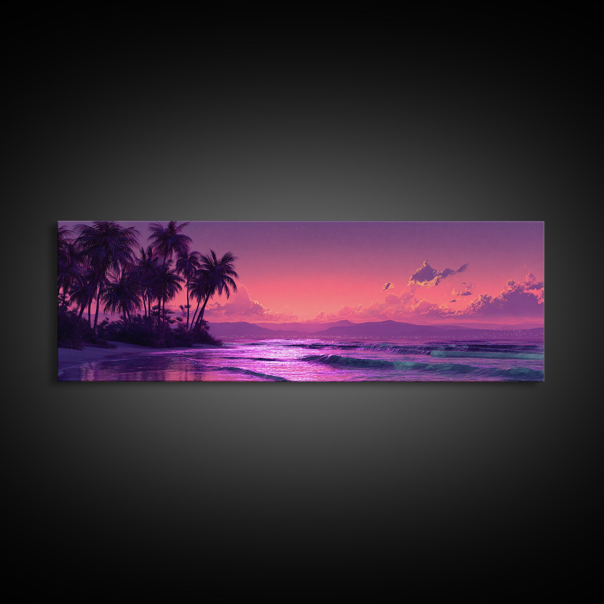 Tropical Purple Beach Sunset Wall Art, Palm Tree Ocean Landscape Canvas Print, Coastal Decor, Romantic Bedroom And Living Room Art