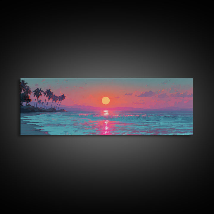 Pink Ocean Sunset Wall Art, Tropical Seascape Canvas Print, Coastal Decor, Beach House Decor, Large Living Room Art Print