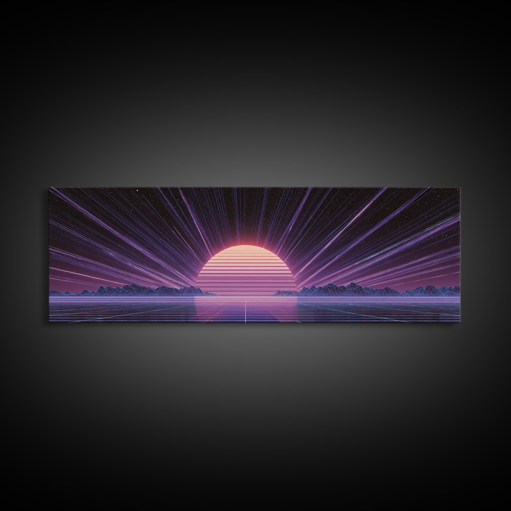 Retro Futuristic Sun Over Neon Lake Canvas Print, Synthwave Wall Art, Vaporwave Poster, Gaming Room Decor, Cyberpunk Gift