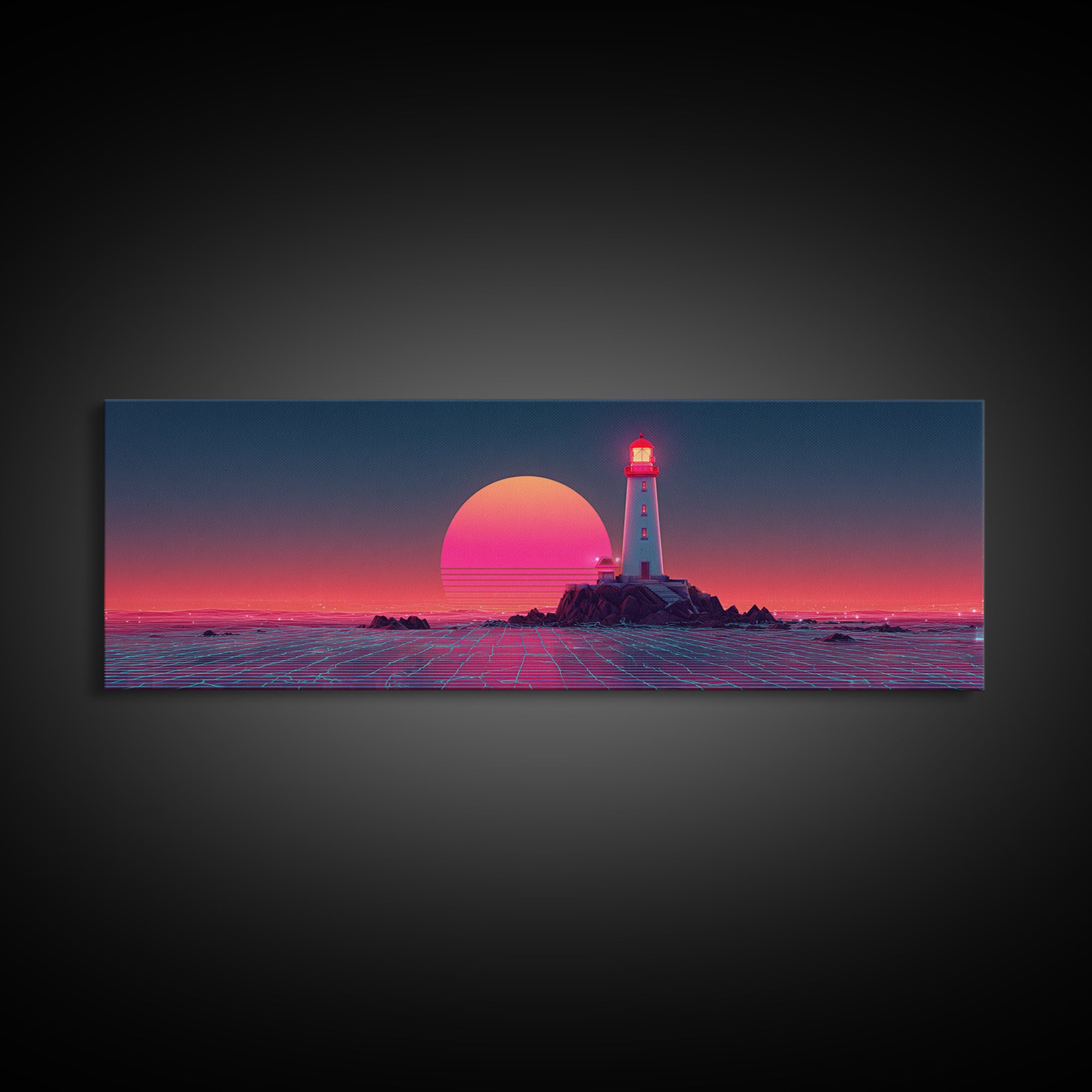 Neon Lighthouse Sunset Over Ocean, Synthwave Coastal Wall Art, Retro Futuristic Canvas Print, Large Beach House Decor, Wall Decor