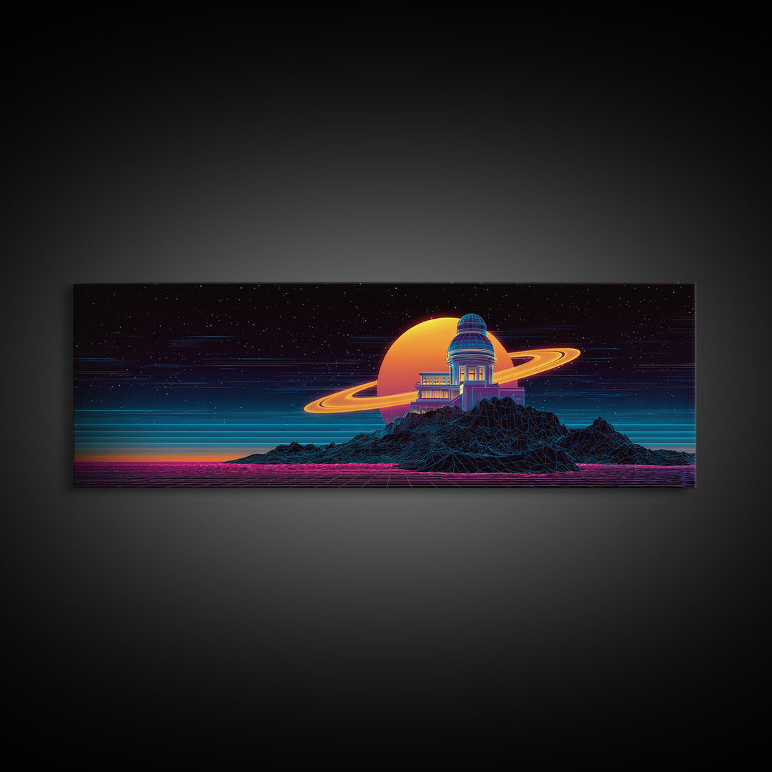 Retro Futuristic Observatory On Ringed Planet Canvas Print, Sci Fi Wall Art, Space Decor, Vaporwave Poster For Game Room