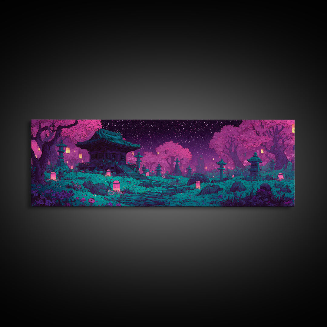 Pixel Art Cherry Blossom Shrine Wall Art, Japanese Garden Canvas Print, Whimsical Lantern Decor For Maximalist Room Wall Decor