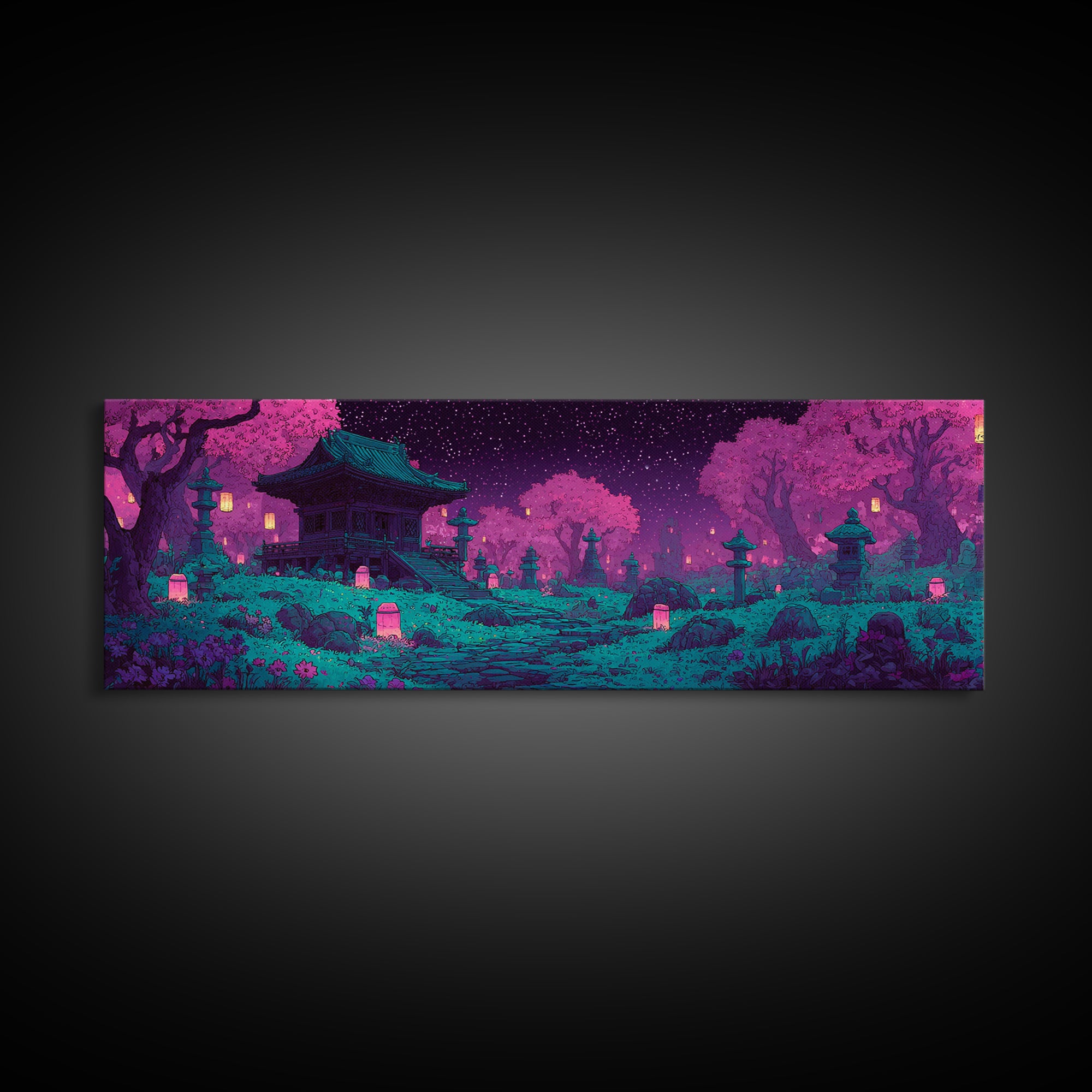 Pixel Art Cherry Blossom Shrine Wall Art, Japanese Garden Canvas Print, Whimsical Lantern Decor For Maximalist Room Wall Decor