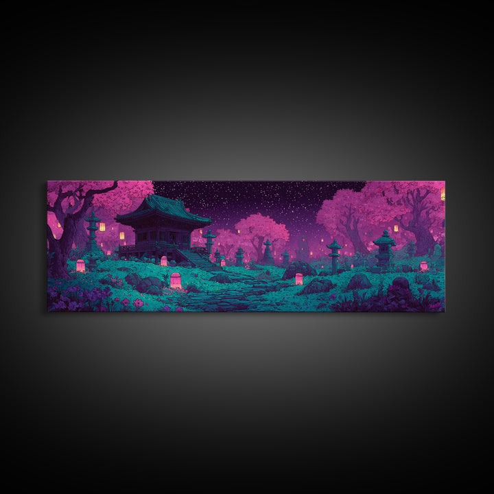 Pixel Art Cherry Blossom Shrine Wall Art, Japanese Garden Canvas Print, Whimsical Lantern Decor For Maximalist Room Wall Decor