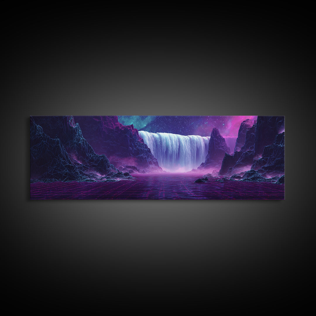 Alien Waterfall Galaxy Canvas Print, Futuristic Fantasy Landscape, Neon Sci Fi Wall Decor, Vibrant Space Art For Gamer Room
