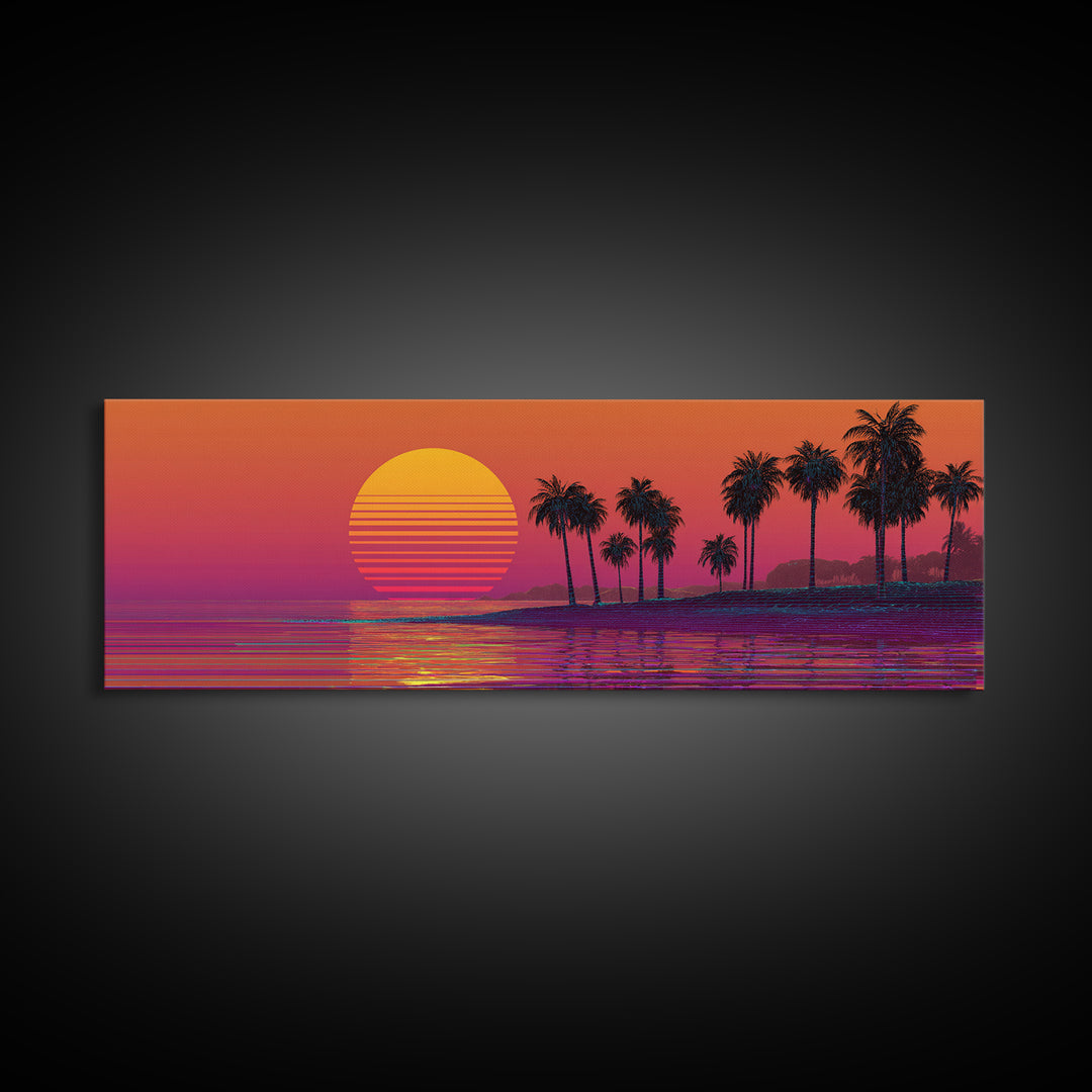 Retro Palm Beach Sunset Canvas Print, Tropical Ocean Wall Art, Vaporwave Coastal Decor For Living Room And Bedroom Wall Decor