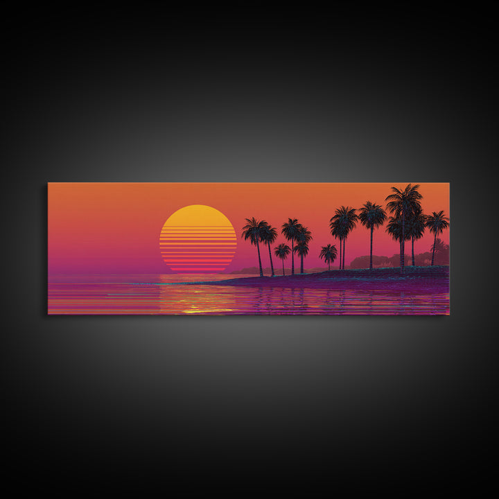 Retro Palm Beach Sunset Canvas Print, Tropical Ocean Wall Art, Vaporwave Coastal Decor For Living Room And Bedroom Wall Decor