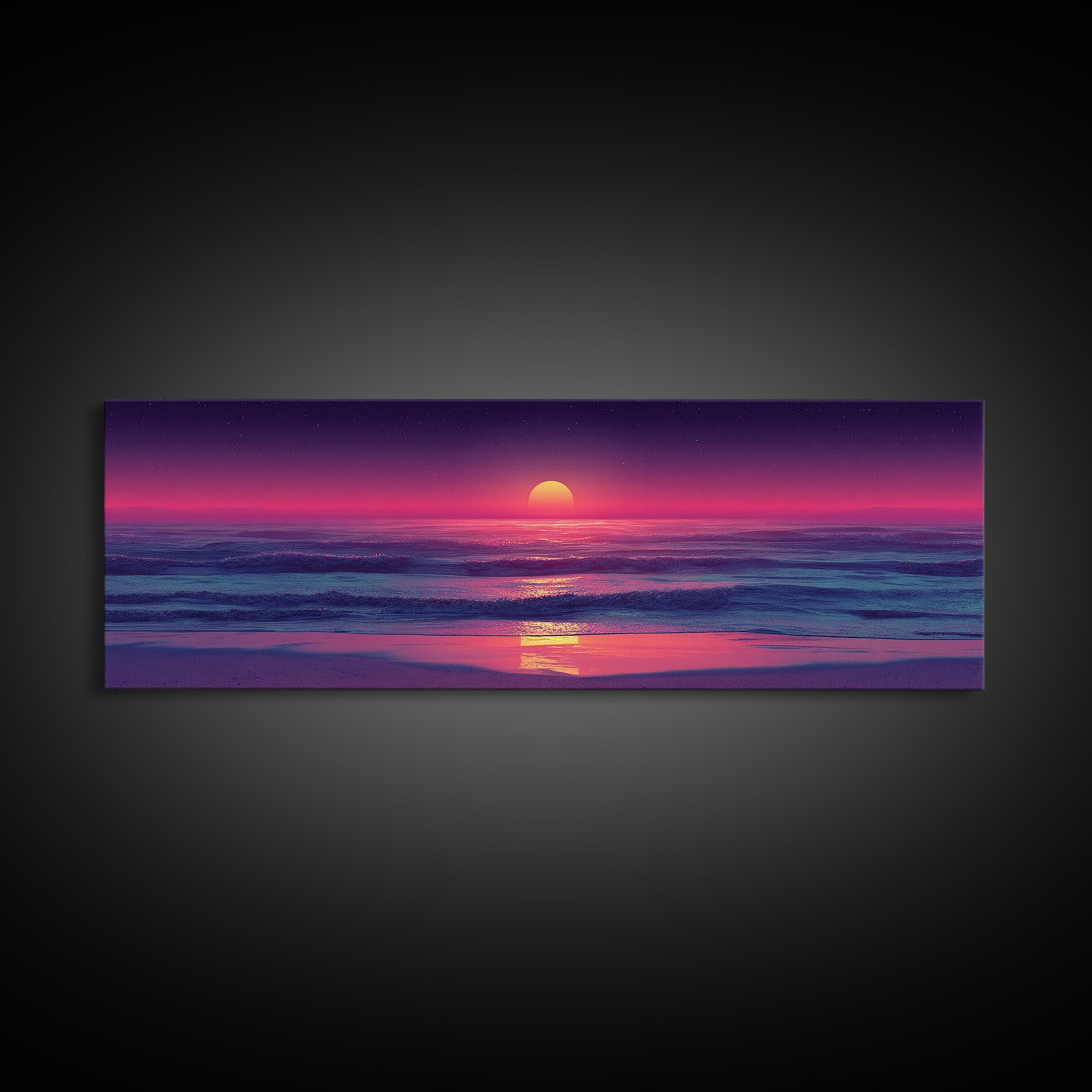 Pink Ocean Sunset Beach Canvas Print, Neon Seascape Wall Decor, Coastal Wall Art, Summer Beach House Living Room Decor Print