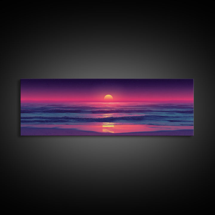 Pink Ocean Sunset Beach Canvas Print, Neon Seascape Wall Decor, Coastal Wall Art, Summer Beach House Living Room Decor Print