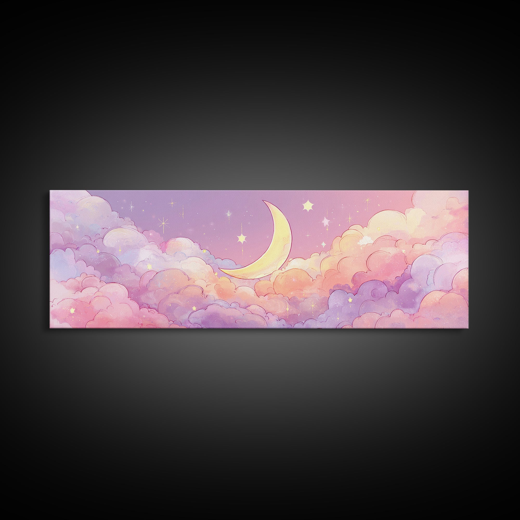 Cute Crescent Moon In Pastel Clouds Wall Art, Whimsical Celestial Nursery Decor, Pink Kids Room Canvas Print, Baby Shower Gift
