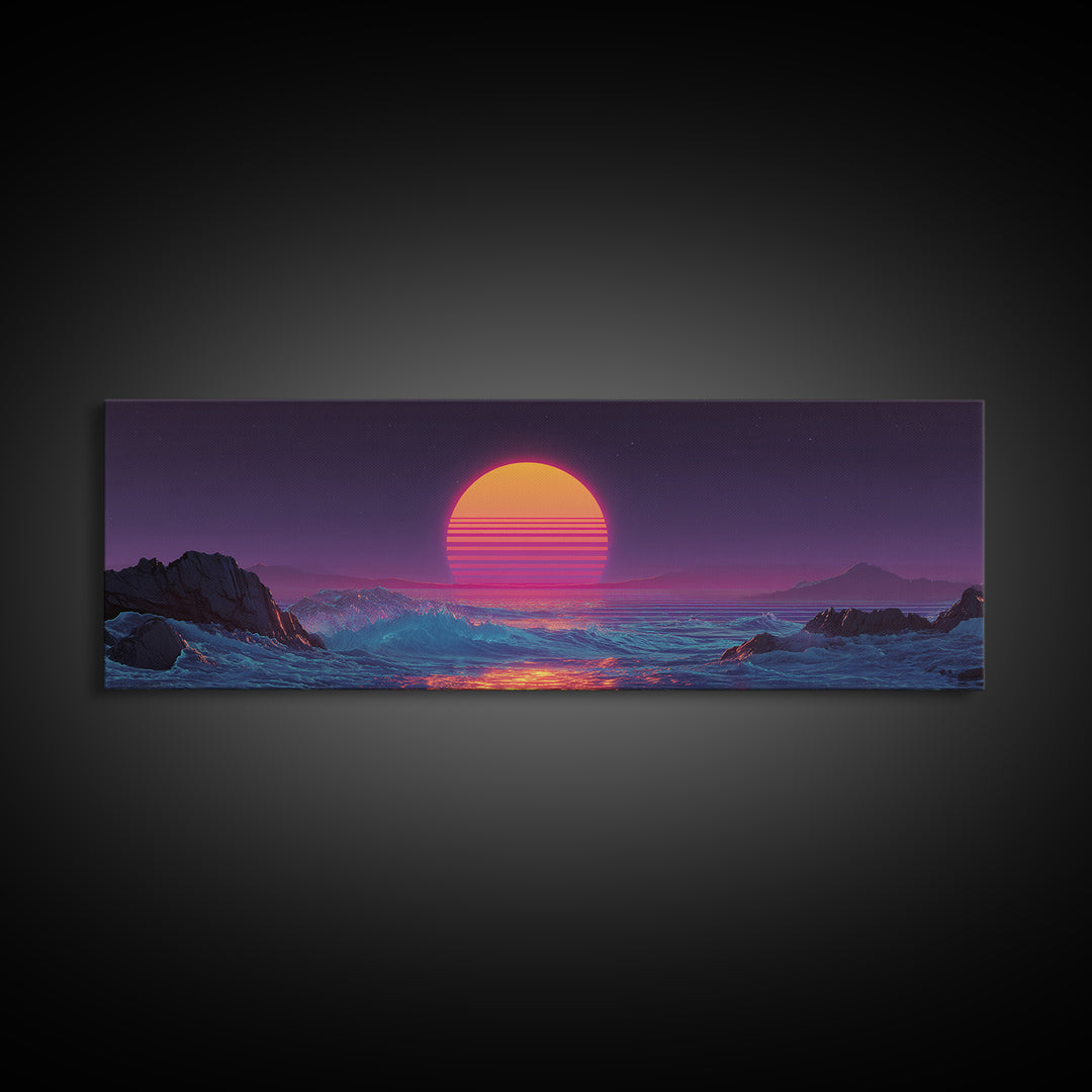 Neon Synthwave Sunset Over Alien Ocean Canvas Print, Retro Futuristic Wall Art, Vaporwave Coastal Bedroom Living Room Decor