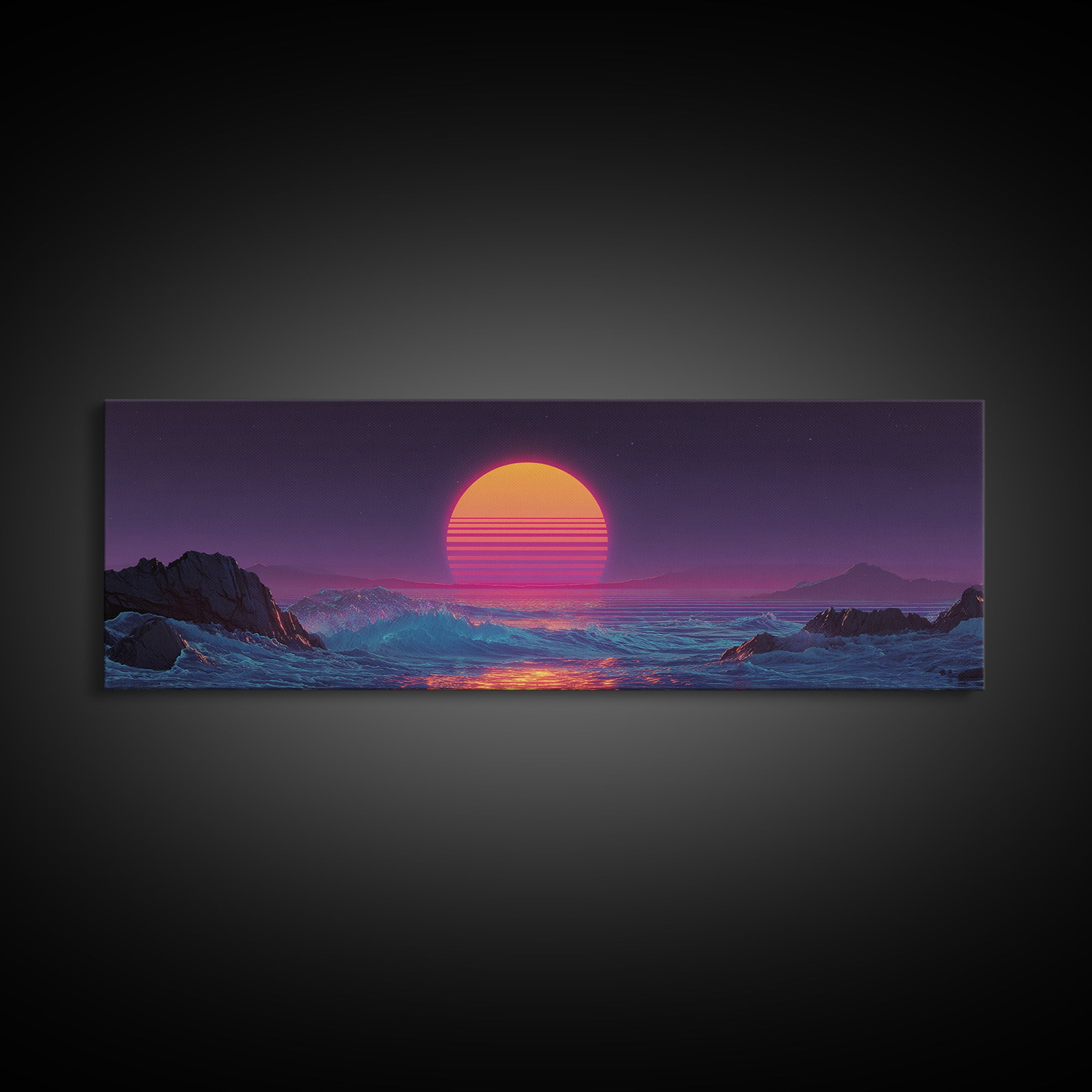 Neon Synthwave Sunset Over Alien Ocean Canvas Print, Retro Futuristic Wall Art, Vaporwave Coastal Bedroom Living Room Decor