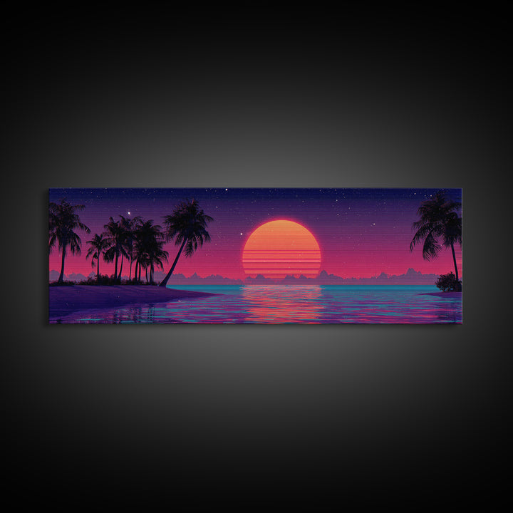 Neon Tropical Sunset With Palm Trees Wall Art, Retro Coastal Canvas Print, Beach House Decor, Large Panoramic Artwork For Living Room Decor