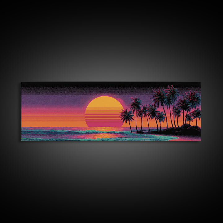 Vaporwave Palm Beach Sunset Wall Art, Retro Tropical Ocean Print, Neon Coastal Decor, Long Horizontal Canvas Print Poster