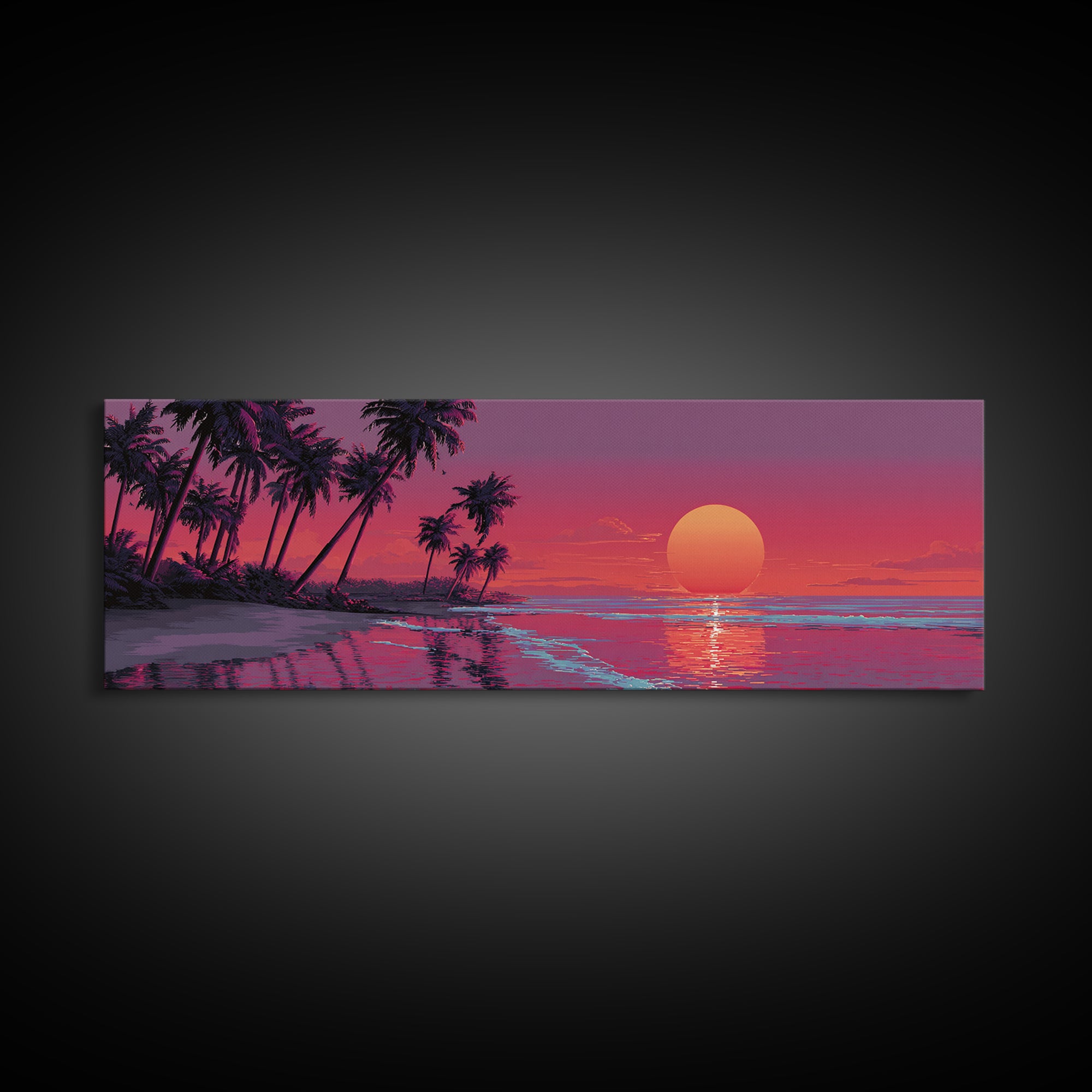 Tropical Palm Beach Sunset Wall Art, Pink Ocean Landscape, Coastal Canvas Decor, Large Horizontal Beach House Living Room Print