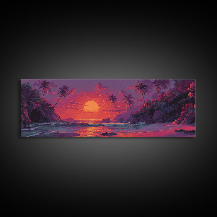 Vibrant Tropical Sunset Wall Art, Neon Palm Beach Seascape, Colorful Coastal Canvas Print, Island Living Room Home Decor Gift
