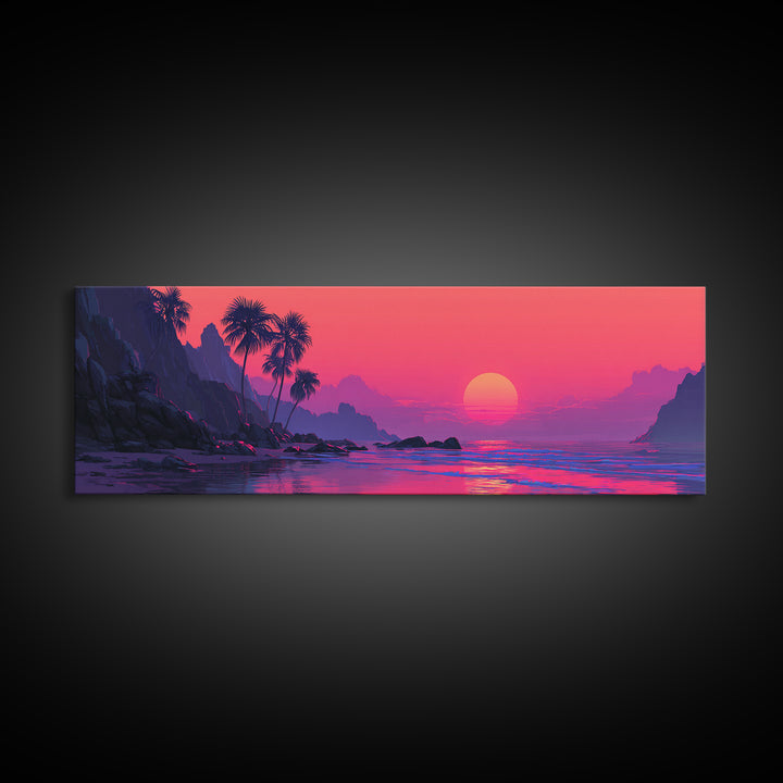 Magenta Tropical Cove Sunset Wall Art, Palm Island Ocean Landscape, Vaporwave Coastal Canvas Decor For Modern Living Room