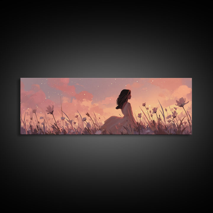 Sunset Girl In Wildflower Meadow Wall Art, Dreamy Feminine Landscape Print, Boho Bedroom Decor, Romantic Canvas Gift For Her