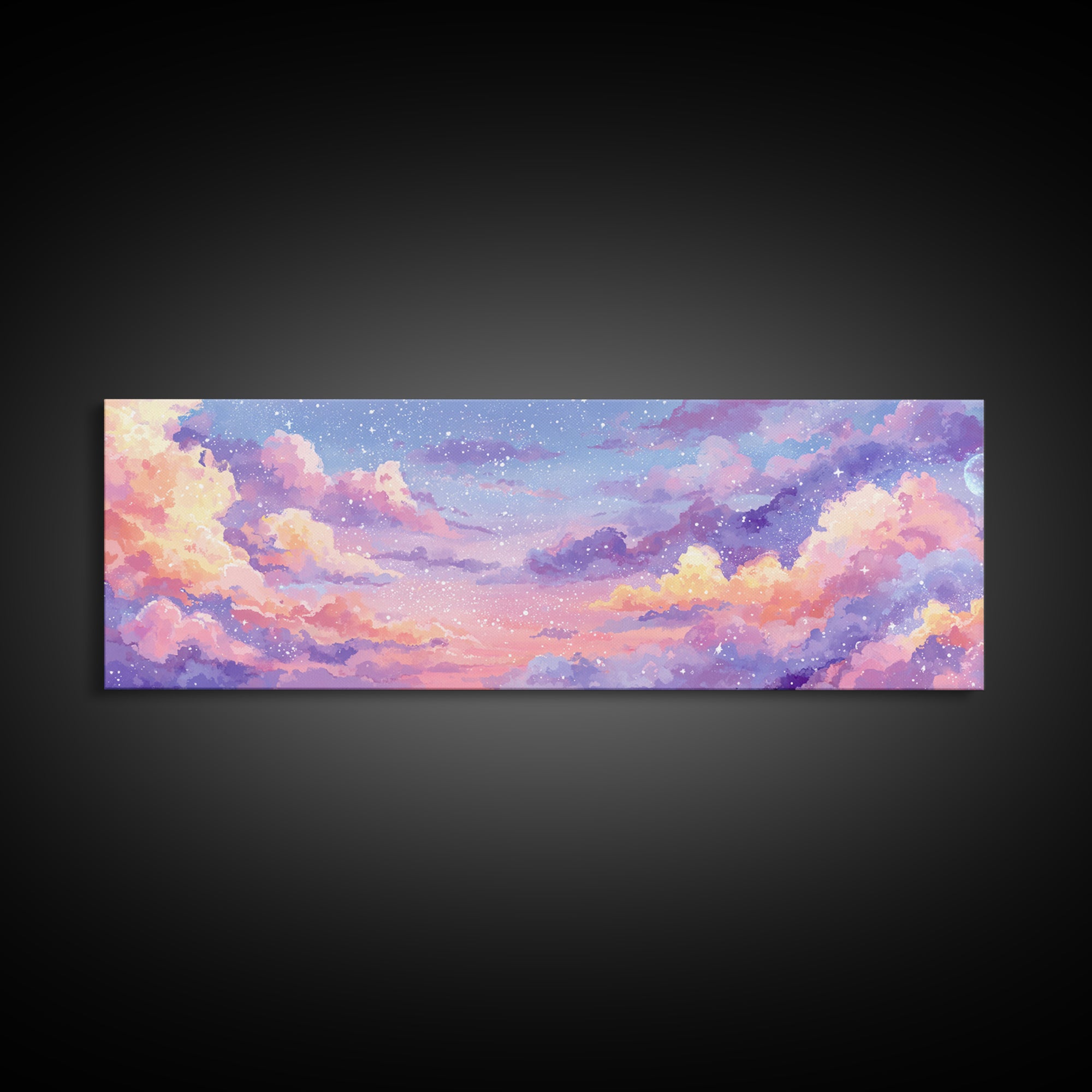 Pastel Starry Cloudscape Sunset Wall Art, Dreamy Sky Canvas Print, Whimsical Nursery Decor, Soft Aesthetic Bedroom Print