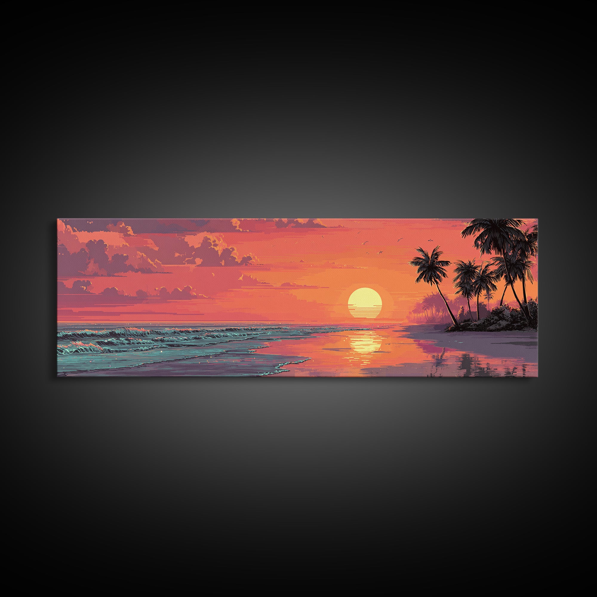Pink Tropical Beach Sunset With Palm Trees Wall Art, Coastal Canvas Print, Ocean Decor, Summer Beach House Wall Decor, Living Room Art