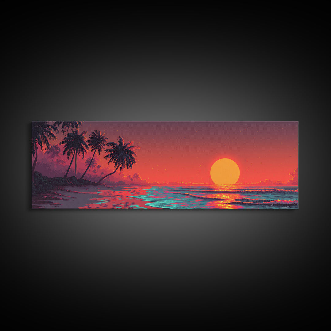 Tropical Palm Beach Sunset Wall Art, Ocean Canvas Print, Coastal Decor, Beach House Decor, Vibrant Living Room Art, Large Horizontal Art