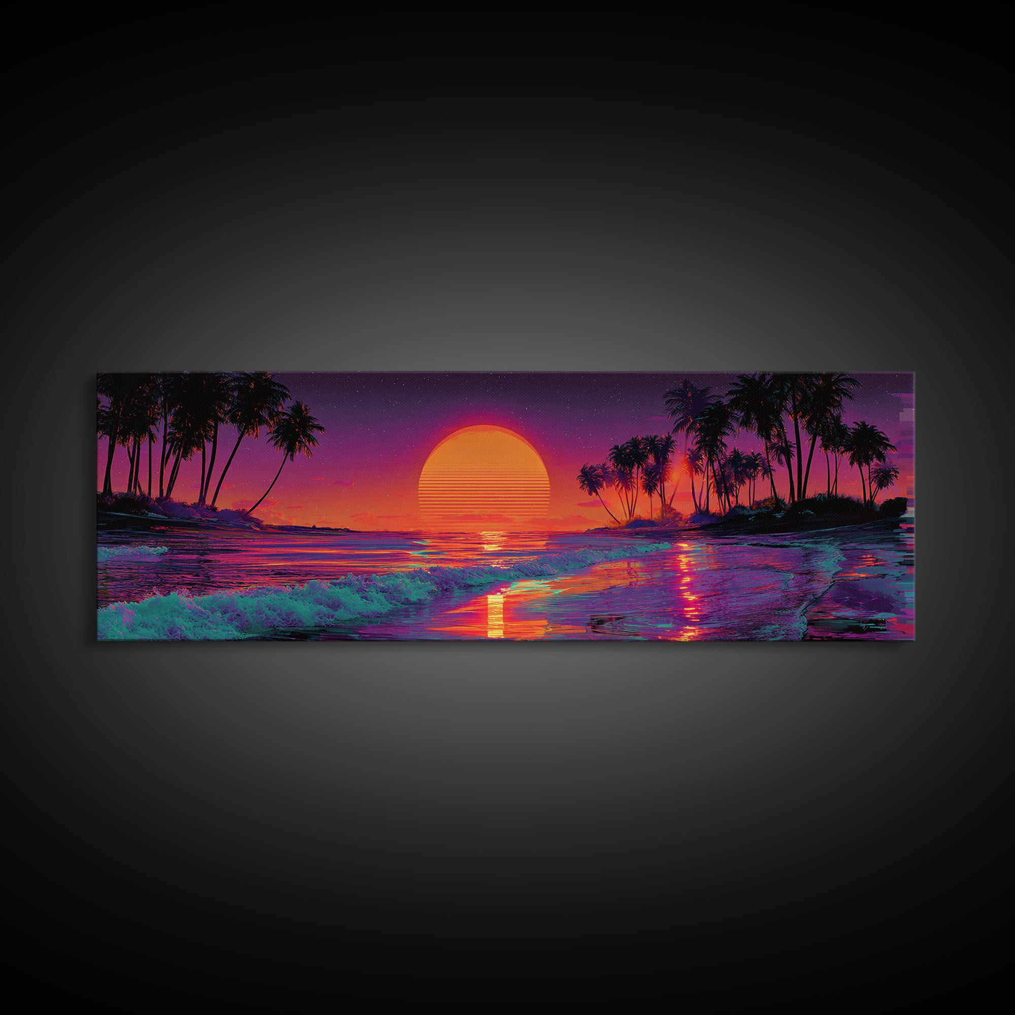Tropical Sunset Beach With Palms And Waves, Coastal Wall Art, Retro Vaporwave Canvas Print, Beach House Decor, Large Wall Art