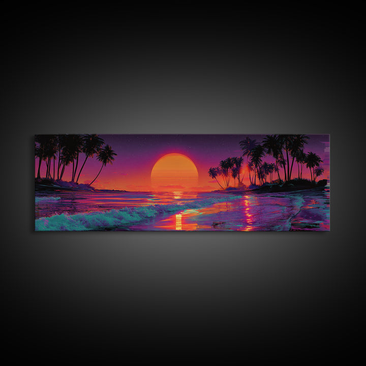 Tropical Sunset Beach With Palms And Waves, Coastal Wall Art, Retro Vaporwave Canvas Print, Beach House Decor, Large Wall Art