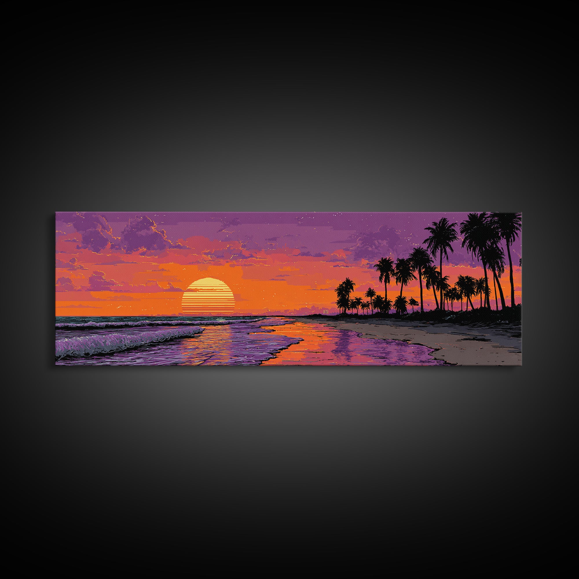 Pixel Tropical Beach Sunset With Palms Wall Art, Retro Coastal Canvas Print, Beach House Decor, Summer Travel Poster Gift