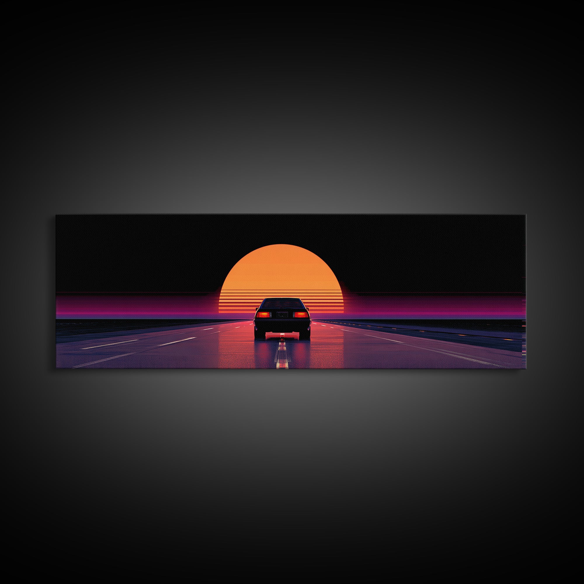 Retro Car Driving Into Striped Sunset, Synthwave Canvas Print, Vaporwave Wall Art, Man Cave Decor, Gift For Him, Retro Poster
