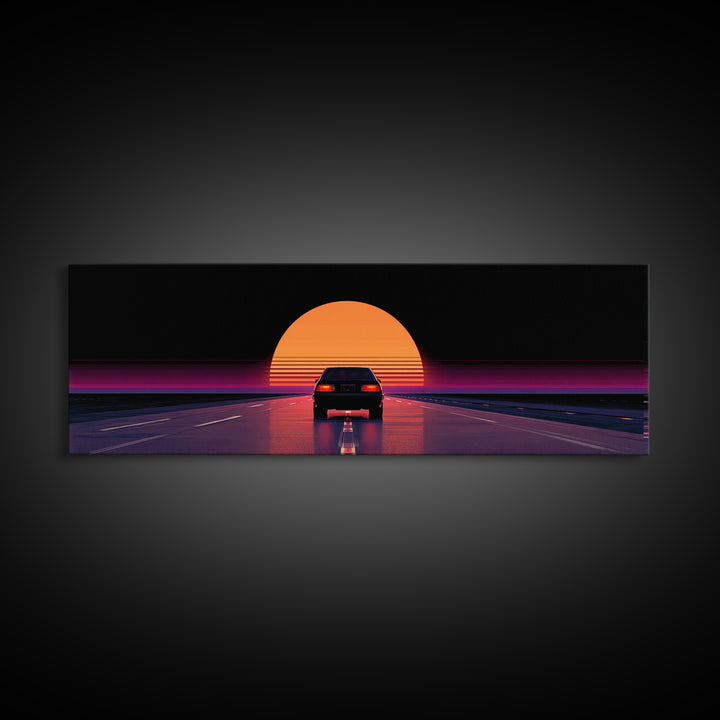 Retro Car Driving Into Striped Sunset, Synthwave Canvas Print, Vaporwave Wall Art, Man Cave Decor, Gift For Him, Retro Poster